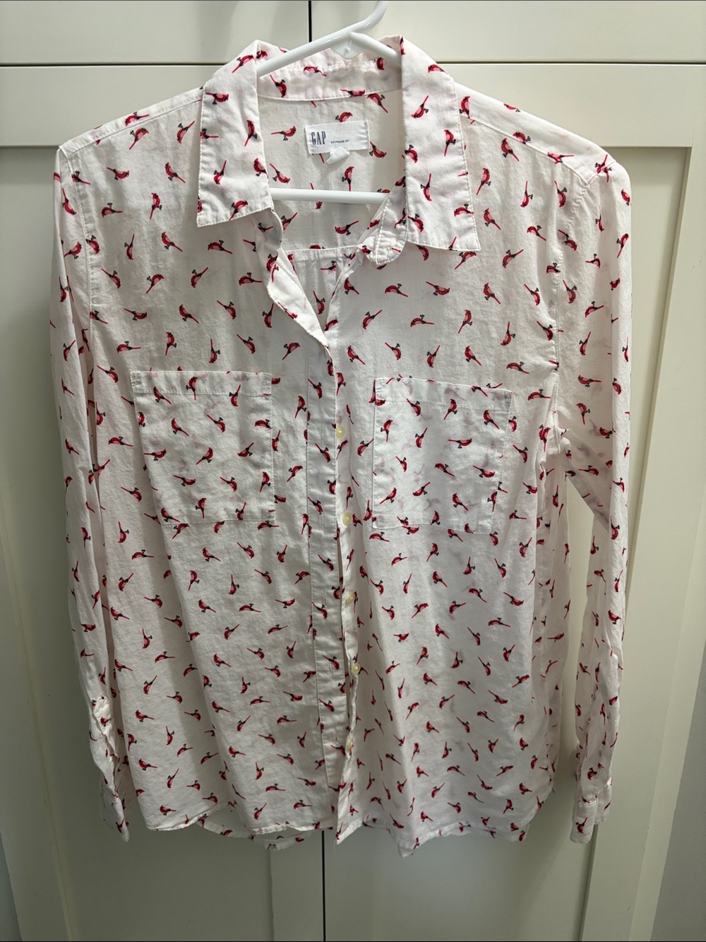 GAP White Button-Down Shirt with Red Bird Print